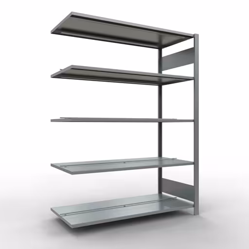 Rayonnage supplémentaire, étagère de bureau, système enfichable MULTIplus150, 1800 x 1300 x 600 mm (HxLxP), 5 tablettes, barres longitudinales, galvanisées, avec butée centrale, système enfichable, réf. 17741