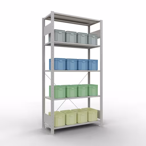 Image du produit n° 13 de l'article étagère de base, étagère, système enfichable MULTIplus85, 2000 x 1000 x 400 mm (HxLxP), 5 étagères, traverse, RAL 7035 gris clair Figure n° 13 de l'article étagère de base, système d'étagères enfichables MULTIplus85, 2000 x 1000 x 400 mm, 5 étagères, traverse, gris clair RAL 7035 du groupe de produits système enfichable de la marque Schulte Lagertechnik