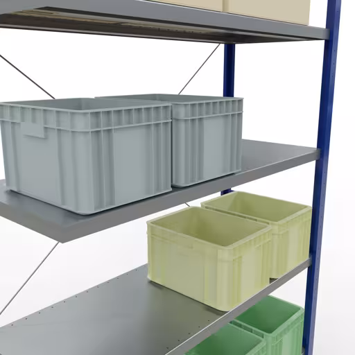 Image du produit n° 13 de l'article Rayonnage complémentaire, rayonnage à étagères, système enfichable MULTIplus250, 3000 x 1300 x 500 mm, 7 étagères, traverse, RAL 5010 bleu gentiane/galvanisé Figure n° 13 de l'article étagère complémentaire, étagère à étagères, système enfichable MULTIplus250, 3000 x 1300 x 500 mm, 7 étagères, RAL 5010 bleu gentiane/galvanisé du groupe de produits système enfichable de la marque Schulte Lagertechnik