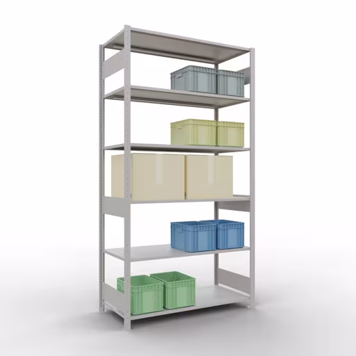 Représentation supplémentaire de l'article étagère de base, étagère à étagères, système enfichable MULTIplus150, 2500 x 1300 x 600 mm, 6 étagères, gris clair RAL 7035 à partir de l'étagère de base