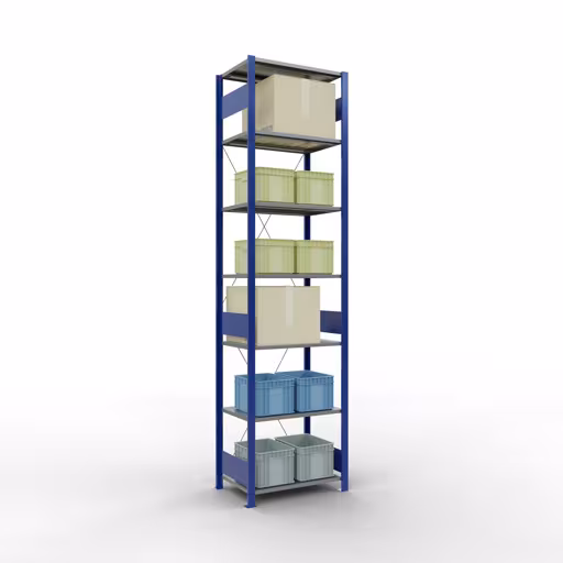 Étagère de base, étagère, système enfichable MULTIplus150, 3000 x 750 x 500 mm, 7 étagères, traverse, RAL 5010 bleu gentiane/galvanisé/galvanisé de Schulte Lagertechnik de la catégorie système enfichable