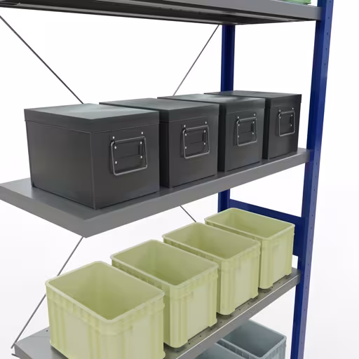 Figure n° 15 de l'article étagère complémentaire, étagère à étagères, système enfichable MULTIplus330, 3000 x 1000 x 400 mm, 7 étagères, RAL 5010 bleu gentiane/galvanisé du groupe de produits système enfichable de la marque Schulte Lagertechnik