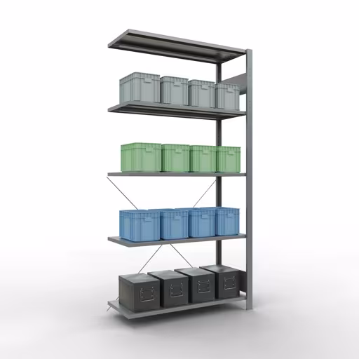 Produktbild Nr 15 des Artikels Anbauregal, Fachbodenregal Stecksystem MULTIplus150, 2000 x 1000 x 400 mm (HxBxT), 5 Fachböden, Kreuzstrebe, verzinkt Abbildung Nr 15 des Artikels Anbauregal, Fachbodenregal Stecksystem MULTIplus150, 2000 x 1000 x 400 mm (HxBxT), 5 Fachböden, Kreuzstrebe, verzinkt aus der Produktgruppe Stecksystem von der Marke Schulte Lagertechnik