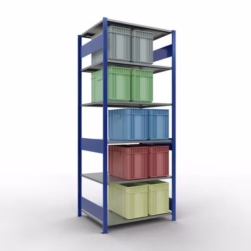 Scaffale base, scaffale, sistema a innesto MULTIplus150, 2500 x 1000 x 800 mm (AxLxP), 6 ripiani, barre longitudinali, RAL 5010 blu genziana/zincato della marca Schulte Lagertechnik della gamma sistemi a innesto