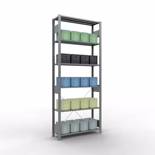 Image du produit n° 15 de l'article étagère de base, étagère, système enfichable MULTIplus85, 2500 x 1000 x 300 mm (HxLxP), 6 étagères, traverse, galvanisé Figure n° 15 de l'article étagère de base, étagère, système enfichable MULTIplus85, 2500 x 1000 x 300 mm, 6 étagères, traverse, galvanisée du groupe de produits système enfichable de la marque Schulte Lagertechnik