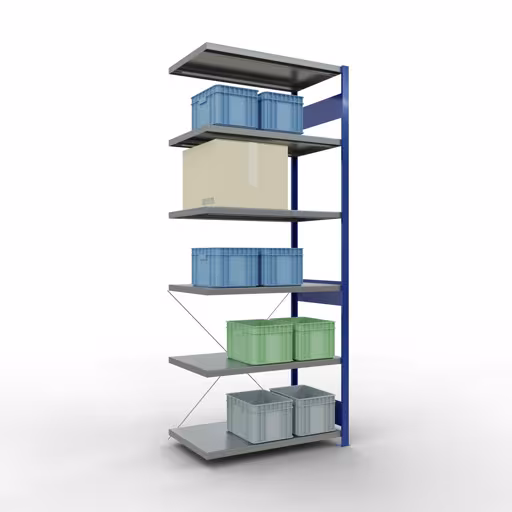 Scaffali aggiuntivi, scaffali, sistema a innesto MULTIplus250, 2500 x 1000 x 600 mm (AxLxP), 6 ripiani, traversa, RAL 5010 blu genziana/zincato di Schulte Lagertechnik con l'articolo n. 12966-B