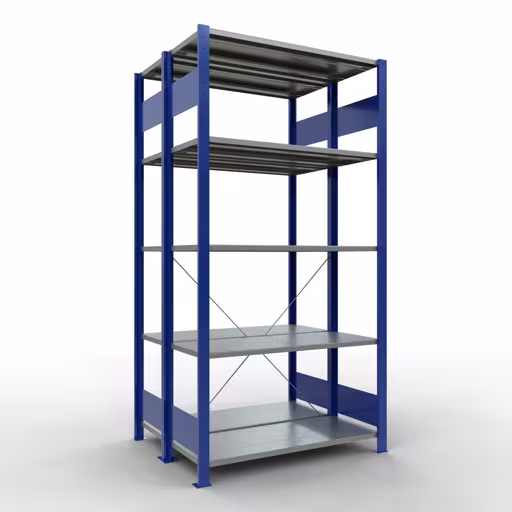 Étagère de base, étagère double, système d'étagères MULTIplus150, 2000 x 1000 x (2x400) mm (HxLxP), 2x5 étagères, traverse, RAL 5010 bleu gentiane, étagères doubles, réf. 32740-B