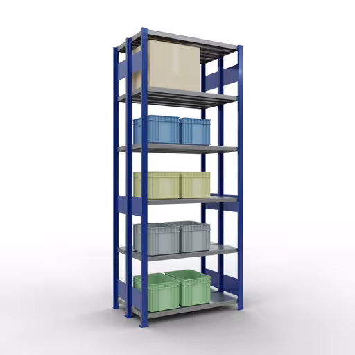 Immagine del prodotto n. 6 dell'articolo scaffale base, scaffale doppio, sistema di scaffali MULTIplus250, 2500 x 1000 x (2x300) mm (AxLxP), 2x6 ripiani, barre longitudinali, RAL 5010 blu genziana dalla gamma di scaffali della marca Schulte Lagertechnik