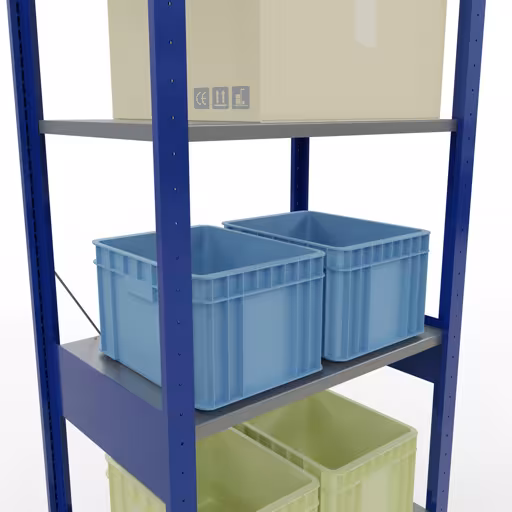 Une autre vue de l'article étagère de base, étagère, système enfichable MULTIplus150, 2500 x 750 x 500 mm, 6 étagères, traverse, RAL 5010 bleu gentiane/galvanisé/galvanisé de la catégorie système enfichable