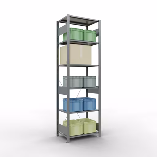 Scaffale base, scaffale, sistema a innesto MULTIplus150, 2500 x 750 x 500 mm (AxLxP), 6 ripiani, traversa, zincato con articolo n. 12751-75 Scaffale base, scaffale, sistema a innesto MULTIplus150, 2500 x 750 x 500 mm (AxLxP), 6 ripiani, traversa, zincato di Schulte Lagertechnik della categoria Sistema a innesto