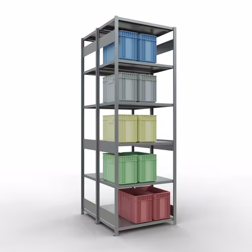 Rayonnage de base, rayonnage double, système d'étagères MULTIplus250, 3000 x 1000 x (2x600) mm, 2x7 tablettes, barres de longueur, galvanisé de la catégorie rayonnage double avec le GTIN 4058255035618 Étagère de base, étagère double, système d'étagères MULTIplus250, 3000 x 1000 x (2x600) mm, 2x7 étagères, galvanisé de Schulte Lagertechnik de la gamme d'étagères