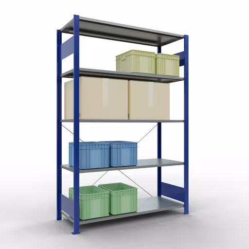 Scaffale base, scaffale, sistema a innesto MULTIplus150, 2000 x 1300 x 500 mm (AxLxP), 5 ripiani, traversa, RAL 5010 blu genziana/zincato della marca Schulte Lagertechnik della gamma sistemi a innesto