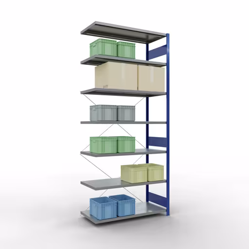 Rayonnage supplémentaire, étagère, système enfichable MULTIplus250, 3000 x 1300 x 600 mm, 7 étagères, traverse, RAL 5010 bleu gentiane/galvanisé de la catégorie d'étagères supplémentaires avec le GTIN 4004514283887 Rayonnage supplémentaire, étagère, système enfichable MULTIplus250, 3000 x 1300 x 600 mm, 7 étagères, RAL 5010 bleu gentiane/galvanisé de la marque Schulte Lagertechnik de la gamme de produits du système enfichable