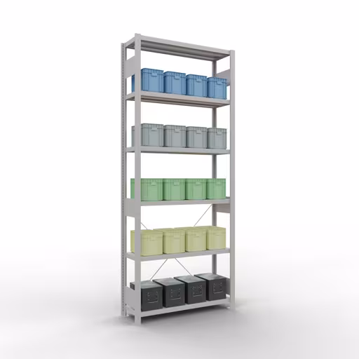 Représentation supplémentaire de l'article étagère de base, étagère à étagères, système enfichable MULTIplus250, 2500 x 1000 x 300 mm, 6 étagères, gris clair RAL 7035 à partir de l'étagère de base