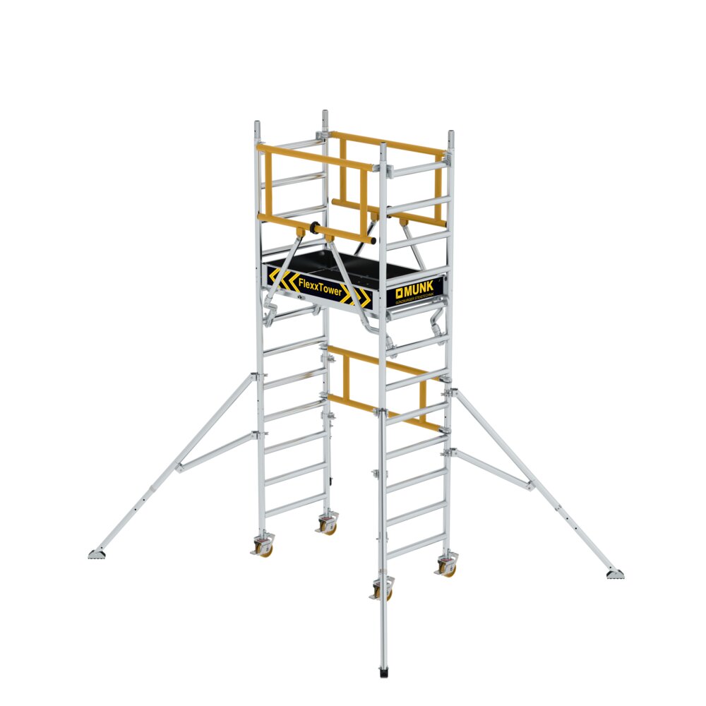 Mezzanine Munk FlexxTower SG ergo avec rambarde de tête, hauteur de plateforme 2,10 m, de Günzburger Steigtechnik Échafaudage mobile Munk FlexxTower SG ergo avec garde-corps avant, référence 125140