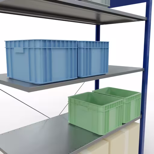 Une autre vue de l'article Étagère supplémentaire, étagère, système enfichable MULTIplus150, 2000 x 1300 x 600 mm (HxLxP), 5 étagères, traverse, RAL 5010 bleu gentiane/galvanisé Une autre vue de l'article Étagère rapportée, étagère, système enfichable MULTIplus150, 2000 x 1300 x 600 mm, 5 étagères, RAL 5010 bleu gentiane/galvanisé de la catégorie système enfichable