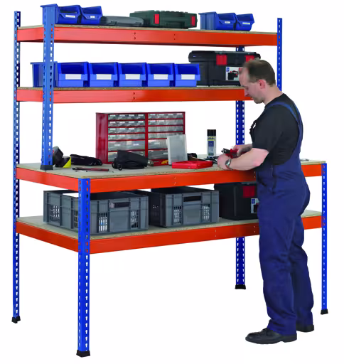 Z1-Packtisch mit Lagerebene und Regalaufsatz, 1981 x 2450 x 773/316 mm, blau/orange von der Marke Schulte Lagertechnik Z1-Packtisch mit Lagerebene und Regalaufsatz, 1981 x 2450 x 773/316 mm, blau/orange aus der Kategorie Packtische mit der Artikelnummer 18000-A2
