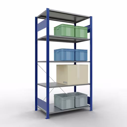 Scaffale base, scaffale, sistema a innesto MULTIplus85, 2000 x 1000 x 600 mm (AxLxP), 5 ripiani, traversa, RAL 5010 blu genziana della marca Schulte Lagertechnik della gamma sistemi a innesto