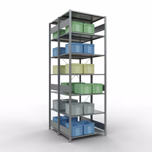 Scaffale base, scaffale doppio, sistema di scaffali MULTIplus150, 3000 x 1000 x (2x1200) mm (AxLxP), 2x7 ripiani, traversa, zincato della marca Schulte Lagertechnik dal programma scaffali