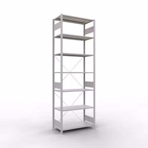 Ripiano base, ripiano, sistema a innesto MULTIplus85, 3000 x 1000 x 500 mm (AxLxP), 7 ripiani, traversa, RAL 7035 grigio chiaro, ripiano base, articolo n. 33052