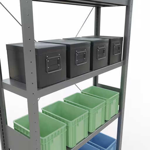 Un'altra vista dell'articolo Scaffale base, scaffale, sistema a innesto MULTIplus250, 3000 x 1000 x 300 mm (AxLxP), 7 ripiani, traversa, zincato Un'altra vista dell'articolo scaffale base, scaffale, sistema a innesto MULTIplus250, 3000 x 1000 x 300 mm (AxLxP), 7 ripiani, traversa, zincato dalla categoria Sistema a innesto