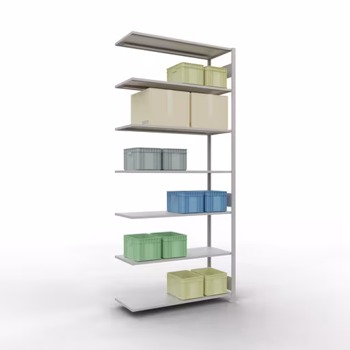 Un'altra vista dell'articolo Scaffali aggiuntivi, scaffale a scaffali, sistema a innesto MULTIplus150, 3000 x 1300 x 500 mm (AxLxP), 7 ripiani, barre longitudinali, RAL 7035 grigio chiaro dalla categoria scaffali aggiuntivi