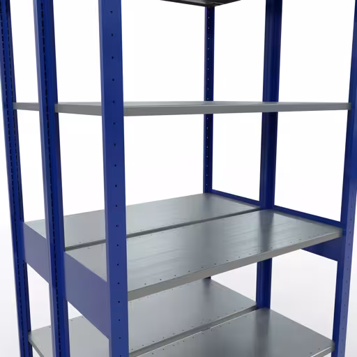 Une autre vue de l'article Etagère de base, étagère double, étagère système enfichable MULTIplus150, 2500 x 1000 x (2x400) mm (HxLxP), 2x6 étagères, barres de longueur, RAL 5010 bleu gentiane Une autre vue de l'article Etagère de base, étagère double, système d'étagères enfichable MULTIplus150, 2500 x 1000 x (2x400) mm, 2x6 étagères, RAL 5010 bleu gentiane de la catégorie étagères