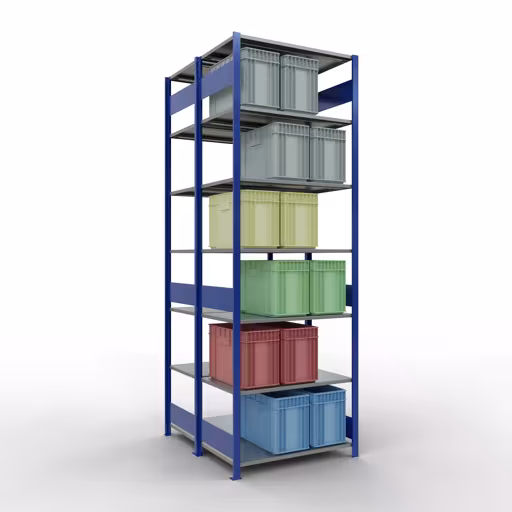 Étagère de base, étagère double, système d'étagères MULTIplus150, 3000 x 1000 x (2x600) mm (HxLxP), 2x7 étagères, barres de longueur, RAL 5010 bleu gentiane avec le GTIN 4058255012671 Étagère de base, étagère double, système d'étagères enfichables MULTIplus150, 3000 x 1000 x (2x600) mm, 2x7 étagères, RAL 5010 bleu gentiane de Schulte Lagertechnik avec le numéro d'article. 33162-B
