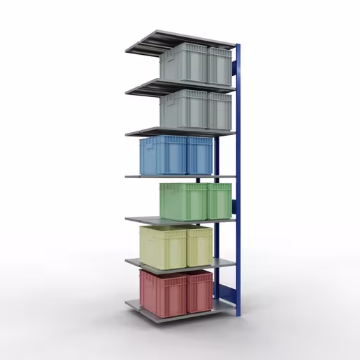 Une autre vue de l'article Étagère supplémentaire, étagère double, système d'étagères enfichables MULTIplus150, 3000 x 1000 x (2x400) mm, 2x7 étagères, RAL 5010 bleu gentiane de la catégorie étagère