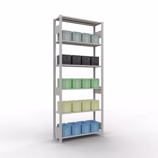 Représentation supplémentaire de l'article étagère de base, étagère à étagères, système enfichable MULTIplus150, 2500 x 1000 x 300 mm, 6 étagères, gris clair RAL 7035 à partir de l'étagère de base
