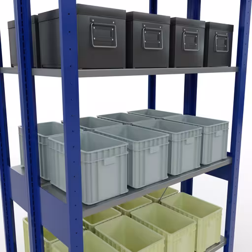 Etagère de base, étagère double, système d'étagères MULTIplus150, 2500 x 1000 x (2x300) mm (HxLxP), 2x6 étagères, traverse, RAL 5010 bleu gentiane avec le numéro d'article 100101. 32731-B Étagère de base, étagère double, système d'étagères MULTIplus150, 2500 x 1000 x (2x300) mm, 2x6 étagères, RAL 5010 bleu gentiane de Schulte Lagertechnik de la catégorie étagères