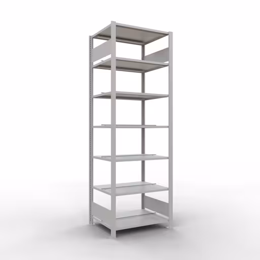 Scaffale base, scaffale per ufficio, sistema a innesto MULTIplus150, 2300 x 750 x 600 mm (AxLxP), 7 ripiani, barre longitudinali, con fermo centrale, grigio chiaro di Schulte Lagertechnik Scaffale Basic, scaffale per ufficio, sistema a innesto MULTIplus150, 2300 x 750 x 600 mm (AxLxP), 7 ripiani, barre longitudinali, con fermo centrale, grigio chiaro, sistema a innesto, articolo n. 36048