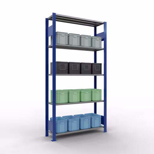 Scaffale base, scaffale, sistema a innesto MULTIplus85, 2000 x 1000 x 300 mm (AxLxP), 5 ripiani, barre longitudinali, RAL 5010 blu genziana della marca Schulte Lagertechnik della gamma sistemi a innesto