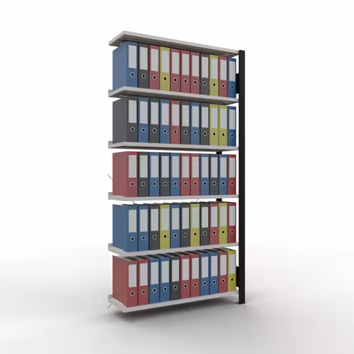 Anbauregal, Büro-Fachbodenregal Stecksystem MULTIplus85, 2000 x 1000 x 300 mm (HxBxT), 6 Fachböden, Kreuzstrebe, mit Anschlagleiste, schwarz/lichtgrau aus der Kategorie Stecksystem mit der GTIN 4004514237392 Anbauregal, Büro-Fachbodenregal Stecksystem MULTIplus85, 2000 x 1000 x 300 mm (HxBxT), 6 Fachböden, Kreuzstrebe, mit Anschlagleiste, schwarz/lichtgrau von der Marke Schulte Lagertechnik aus der Produktreihe Büroregale