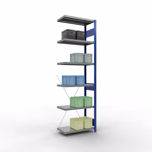 Produktbild Nr 12 des Artikels Anbauregal, Fachbodenregal Stecksystem MULTIplus250, 2500 x 750 x 400 mm (HxBxT), 6 Fachböden, Kreuzstrebe, RAL 5010 enzianblau/verzinkt/verzinkt Abbildung Nr 12 des Artikels Anbauregal, Fachbodenregal Stecksystem MULTIplus250, 2500 x 750 x 400 mm (HxBxT), 6 Fachböden, Kreuzstrebe, RAL 5010 enzianblau/verzinkt/verzinkt aus der Produktgruppe Stecksystem von der Marke Schulte Lagertechnik