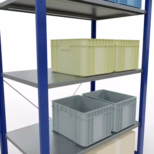 Grundregal, Fachbodenregal Stecksystem MULTIplus150, 2000 x 1000 x 600 mm (HxBxT), 5 Fachböden, Kreuzstrebe, RAL 5010/verzinkt mit der Artikelnr. 12660-B Grundregal, Fachbodenregal Stecksystem MULTIplus150, 2000 x 1000 x 600 mm (HxBxT), 5 Fachböden, Kreuzstrebe, RAL 5010/verzinkt von Schulte Lagertechnik aus der Kategorie Stecksystem