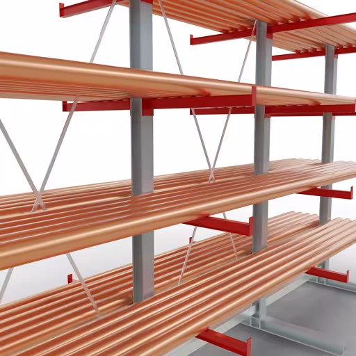 K 6000 Komplettregal, doppelseitig, 3000 x 4500 x 2x 750 mm, RAL 7001 / RAL 3000, 5 Lagerebenen aus der Kategorie K6000 für schwere Güter mit der GTIN 4058255011308 K 6000 Komplettregal, doppelseitig, 3000 x 4500 x 2x 750 mm, RAL 7001 / RAL 3000, 5 Lagerebenen von der Marke Schulte Lagertechnik aus der Produktreihe Kragarmregale