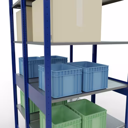 Un'altra vista dell'articolo Scaffale base, scaffale doppio, sistema a innesto per scaffale MULTIplus150, 2500 x 1000 x (2x600) mm (AxLxP), 2x6 ripiani, traversa, RAL 5010 blu genziana dalla categoria Scaffali