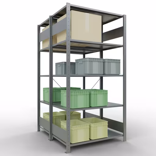 Étagère de base, étagère double, système d'étagères MULTIplus150, 2000 x 1000 x (2x600) mm (HxLxP), 2x5 étagères, traverse, galvanisé de la catégorie étagère double avec le GTIN 4004514254887 Étagère de base, étagère double, système d'étagères MULTIplus150, 2000 x 1000 x (2x600) mm, 2x5 étagères, galvanisé de la marque Schulte Lagertechnik de la gamme d'étagères