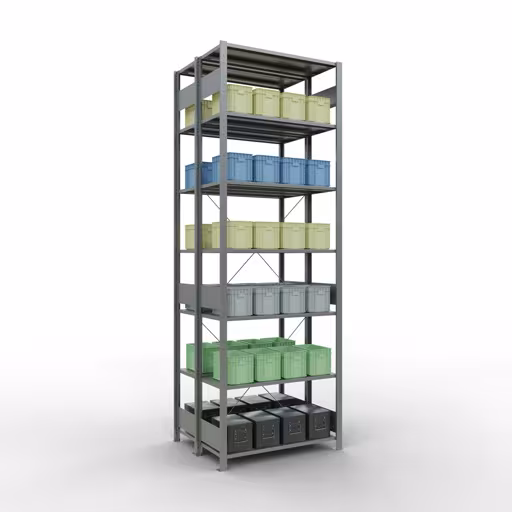 Image du produit n° 13 de l'article étagère de base, étagère double, système d'étagères enfichables MULTIplus150, 3000 x 1000 x (2x800) mm (HxLxP), 2x7 étagères, traverse, galvanisé Figure n° 13 de l'article étagère de base, étagère double, système d'étagères enfichables MULTIplus150, 3000 x 1000 x (2x800) mm, 2x7 étagères, galvanisées du groupe de produits étagères de la marque Schulte Lagertechnik