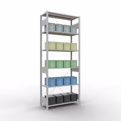 Image du produit n° 15 de l'article étagère de base, étagère, système enfichable MULTIplus150, 2500 x 1000 x 400 mm, 6 étagères, traverse, RAL 7035 gris clair Figure n° 15 de l'article étagère de base, système d'étagères enfichables MULTIplus150, 2500 x 1000 x 400 mm, 6 étagères, gris clair RAL 7035 du groupe de produits système enfichable de Schulte Lagertechnik