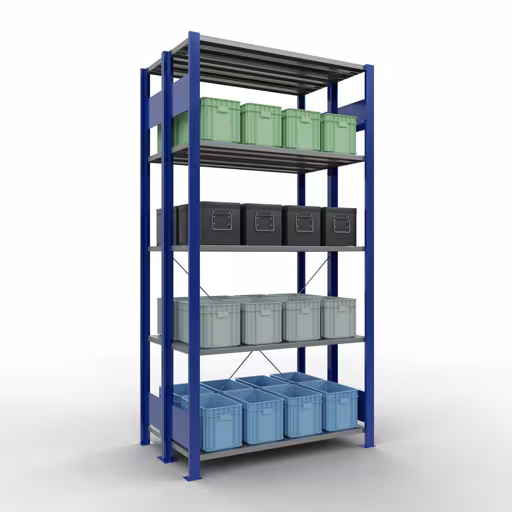 Produktbild Nr.15 des Artikels Grundregal, Doppelregal, Fachbodenregal Stecksystem MULTIplus150, 2000 x 1000 x (2x300) mm (HxBxT), 2x5 Fachböden, Kreuzstrebe, RAL 5010 enzianblau aus der Produktreihe Fachbodenregale von der Marke Schulte Lagertechnik