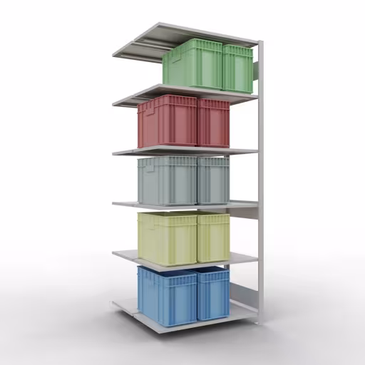 Rayonnage supplémentaire, rayonnage double, système d'étagères MULTIplus150, 2500 x 1000 x (2x500) mm (HxLxP), 2x6 tablettes, barres de longueur, RAL 7035 gris clair avec le GTIN 4004514269980 Rayonnage supplémentaire, rayonnage double, système d'étagères MULTIplus150, 2500 x 1000 x (2x500) mm, 2x6 tablettes, gris clair RAL 7035 de Schulte Lagertechnik avec le numéro d'article. 33156