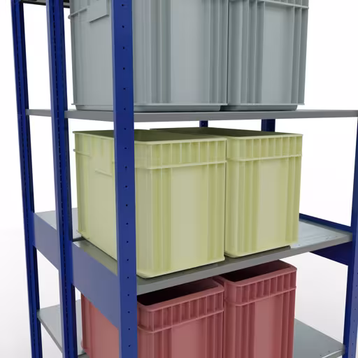 Produktbild Nr.16 des Artikels Grundregal, Doppelregal, Fachbodenregal Stecksystem MULTIplus150, 2500 x 1000 x (2x500) mm (HxBxT), 2x6 Fachböden, Längenriegel, RAL 5010 enzianblau aus der Produktreihe Fachbodenregale von der Marke Schulte Lagertechnik