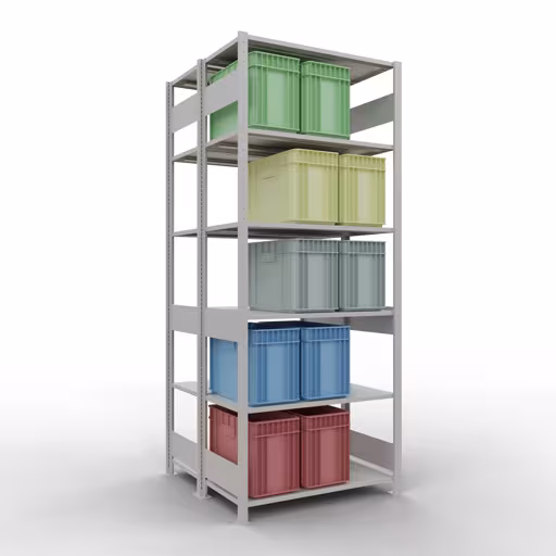 Grundregal, Doppelregal, Fachbodenregal Stecksystem MULTIplus150, 2500 x 1000 x (2x500) mm (HxBxT), 2x6 Fachböden, Längenriegel, RAL 7035 lichtgrau mit der Artikelnr. 33151 Grundregal, Doppelregal, Fachbodenregal Stecksystem MULTIplus150, 2500 x 1000 x (2x500) mm (HxBxT), 2x6 Fachböden, Längenriegel, RAL 7035 lichtgrau von Schulte Lagertechnik aus der Kategorie Fachbodenregale