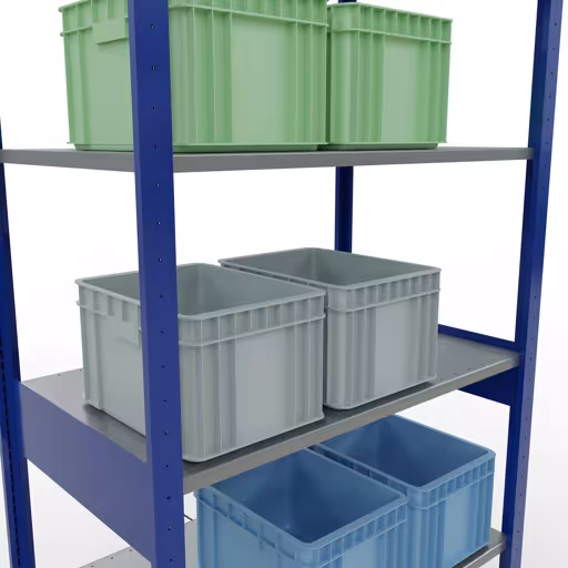 Une autre vue de l'article Etagère Basic, étagère, système enfichable MULTIplus150, 2500 x 1000 x 600 mm (HxLxP), 6 étagères, traverse, RAL 5010/galvanisé Une autre vue de l'article Etagère Basic, étagère système enfichable MULTIplus150, 2500 x 1000 x 600 mm, 6 étagères, RAL 5010/galvanisé de la catégorie système enfichable