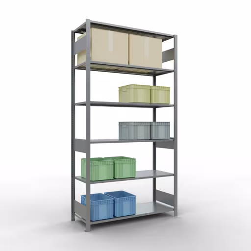 Étagère de base, étagère, système enfichable MULTIplus150, 2500 x 1300 x 500 mm, 6 étagères, barres longitudinales, galvanisées avec GTIN 4004514280435 Étagère de base, étagère, système enfichable MULTIplus150, 2500 x 1300 x 500 mm, 6 étagères, galvanisées de Schulte Lagertechnik avec le réf. 12751-130-LR