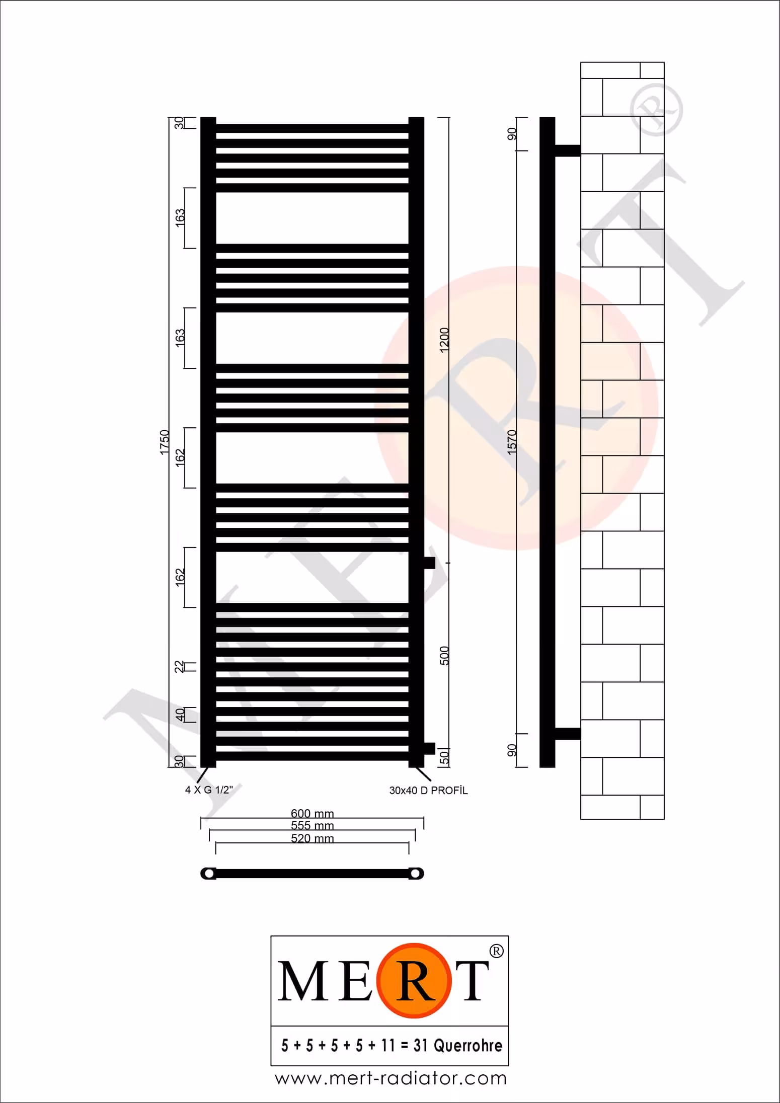 Radiateur de salle de bain de remplacement MERT blanc droit, 600*1750 mm, raccordement sur le côté 500 mm de MERT avec le numéro d'article. 1-60x175-ASR-50