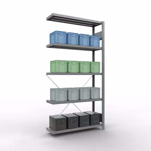 Image supplémentaire de l'article Rayonnage complémentaire, rayonnage à étagères, système enfichable MULTIplus250, 2000 x 1000 x 300 mm (HxLxP), 5 étagères, traverse, galvanisé Image supplémentaire de l'article Étagère complémentaire, étagère, système enfichable MULTIplus250, 2000 x 1000 x 300 mm, 5 étagères, galvanisé à partir de l'étagère supplémentaire