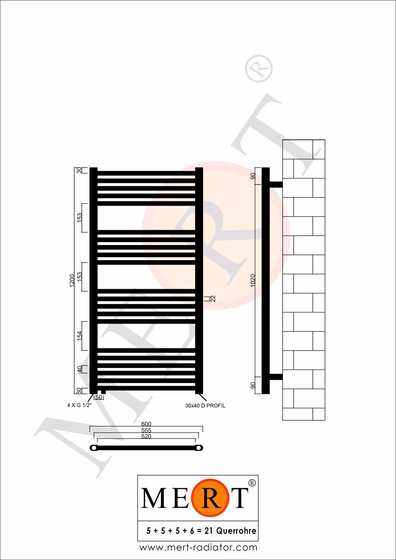 Radiatore da bagno di ricambio MERT bianco dritto, 600*1200 mm, attacco centrale sfalsato a sinistra o in basso a destra di MERT con il numero dell'articolo. 1-60x120-AU-50